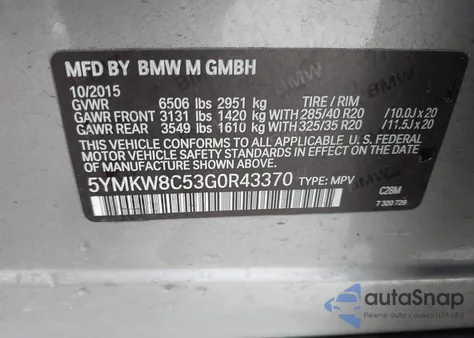 2016 BMW X6 M z USA, uszkodzony, nr VIN 5YMKW8C53G0R43370